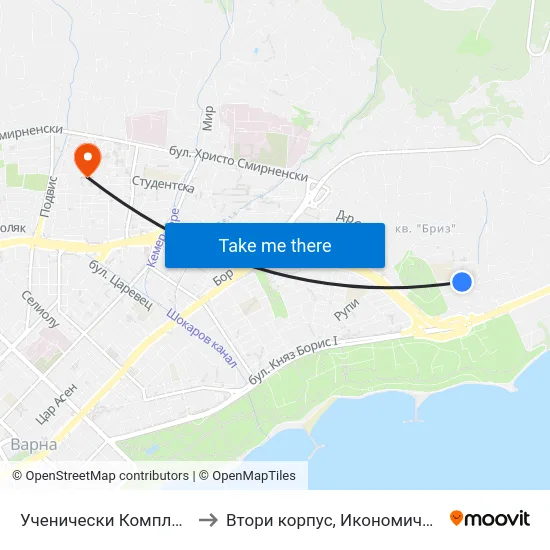 Ученически Комплекс / School Complex to Втори корпус, Икономически Университет - Варна map