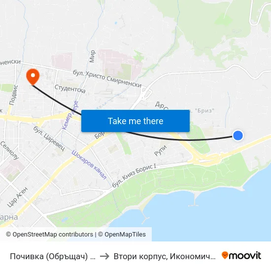Почивка (Обръщач) / Pochivka (Turn Spot) to Втори корпус, Икономически Университет - Варна map