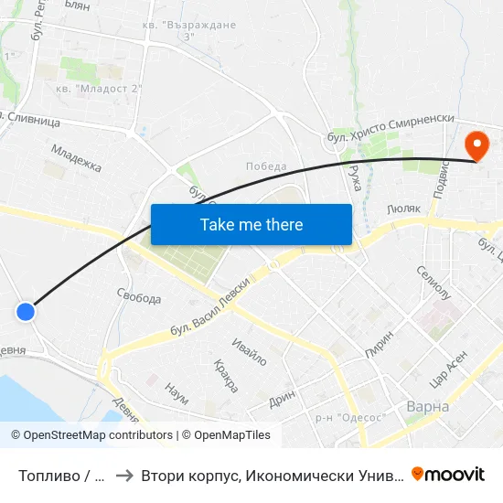 Топливо / Toplivo to Втори корпус, Икономически Университет - Варна map