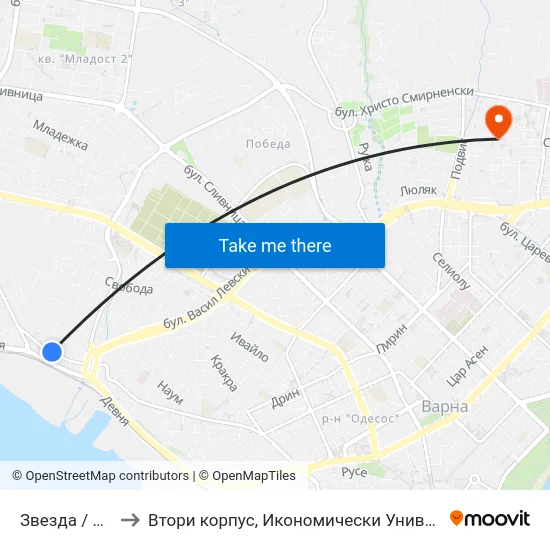 Звезда / Zvezda to Втори корпус, Икономически Университет - Варна map