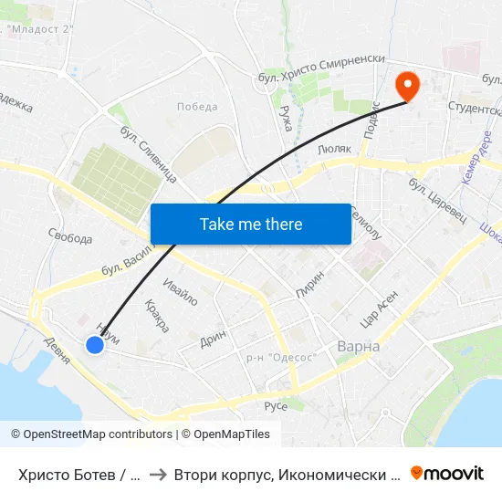Христо Ботев / Hristo Botev to Втори корпус, Икономически Университет - Варна map