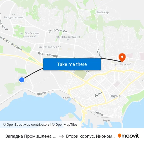 Западна Промишлена Зона / Western Industrial Zone to Втори корпус, Икономически Университет - Варна map