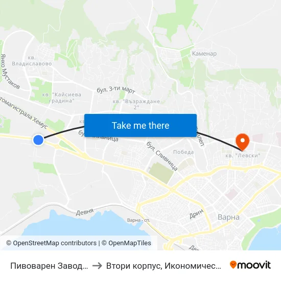 Пивоварен Завод / Brewery Plant to Втори корпус, Икономически Университет - Варна map