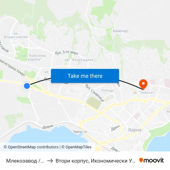 Млекозавод / Milk Plant to Втори корпус, Икономически Университет - Варна map