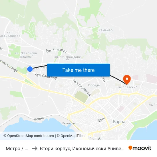 Метро / Metro to Втори корпус, Икономически Университет - Варна map