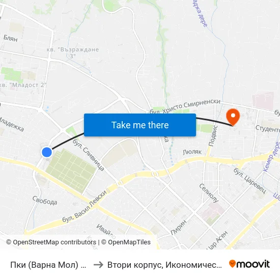 Пки (Варна Мол) / Pki (Varna Mall) to Втори корпус, Икономически Университет - Варна map