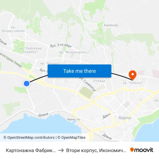 Картонажна Фабрика / Cardboard Factory to Втори корпус, Икономически Университет - Варна map