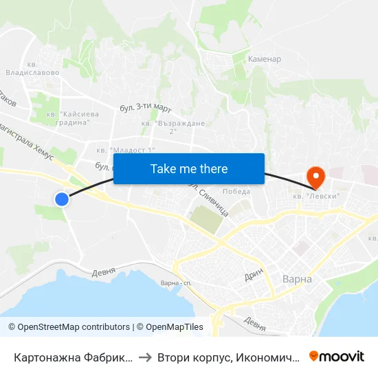Картонажна Фабрика / Cardboard Factory to Втори корпус, Икономически Университет - Варна map