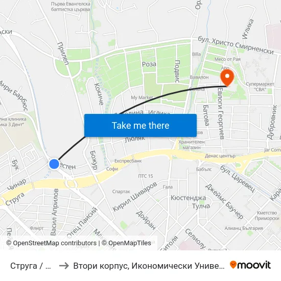 Струга / Struga to Втори корпус, Икономически Университет - Варна map