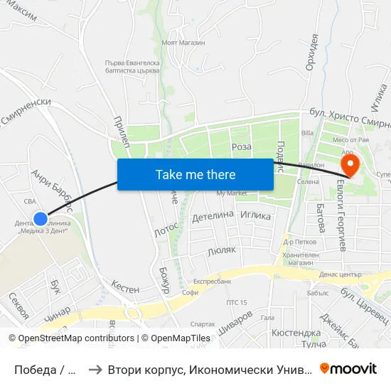 Победа / Pobeda to Втори корпус, Икономически Университет - Варна map