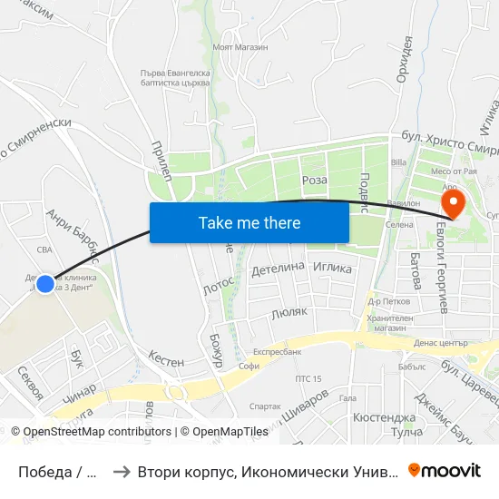 Победа / Pobeda to Втори корпус, Икономически Университет - Варна map