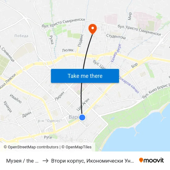Музея / the Museum to Втори корпус, Икономически Университет - Варна map