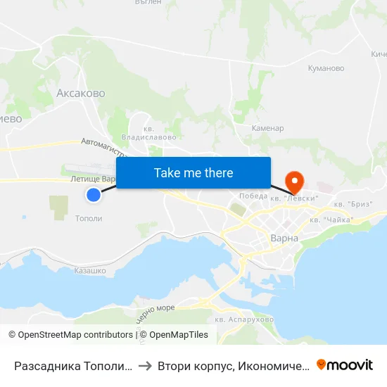 Разсадника Тополи / Razsadnika Topoli to Втори корпус, Икономически Университет - Варна map
