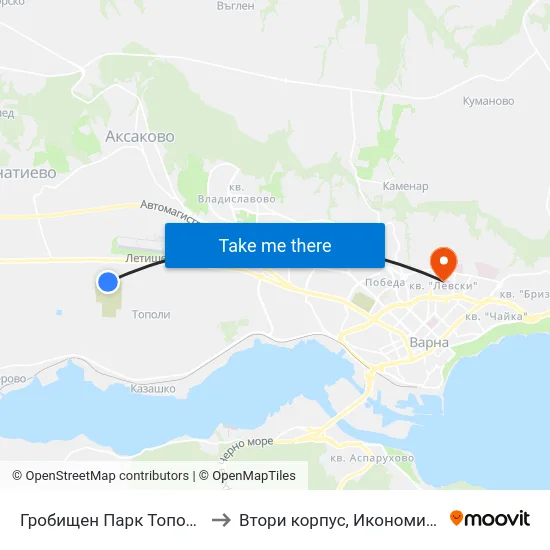 Гробищен Парк Тополи / Topoli Cemetery Park to Втори корпус, Икономически Университет - Варна map