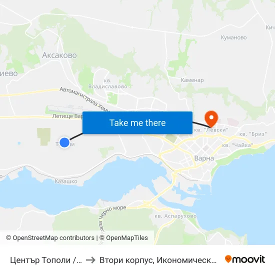 Център Тополи / Center Topoli to Втори корпус, Икономически Университет - Варна map