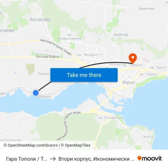 Гара Тополи / Topoli Station to Втори корпус, Икономически Университет - Варна map