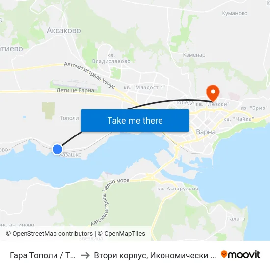 Гара Тополи / Topoli Station to Втори корпус, Икономически Университет - Варна map