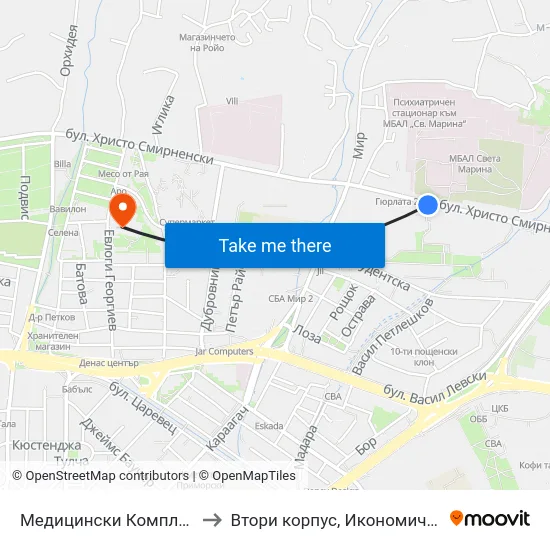 Медицински Комплекс / Medical Complex to Втори корпус, Икономически Университет - Варна map