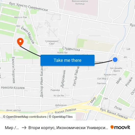 Мир / Mir to Втори корпус, Икономически Университет - Варна map