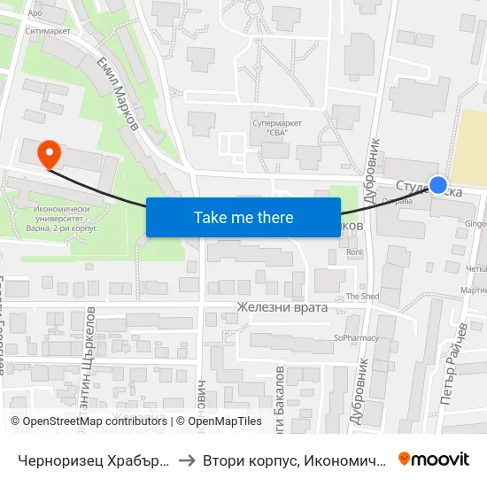 Черноризец Храбър / Chernorizets Hrabar to Втори корпус, Икономически Университет - Варна map
