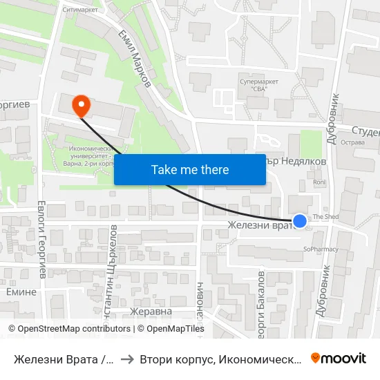 Железни Врата / Zhelezni Vrata to Втори корпус, Икономически Университет - Варна map