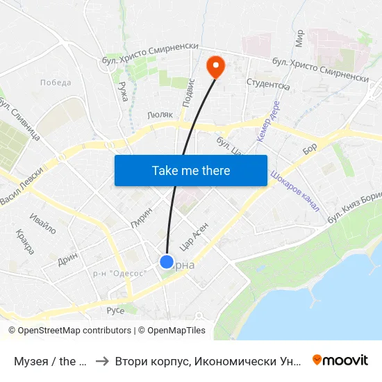 Музея / the Museum to Втори корпус, Икономически Университет - Варна map