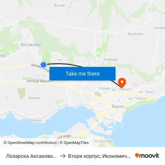 Лозарска Аксаково / Lozarska Aksakovo to Втори корпус, Икономически Университет - Варна map