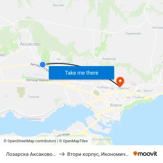 Лозарска Аксаково / Lozarska Aksakovo to Втори корпус, Икономически Университет - Варна map