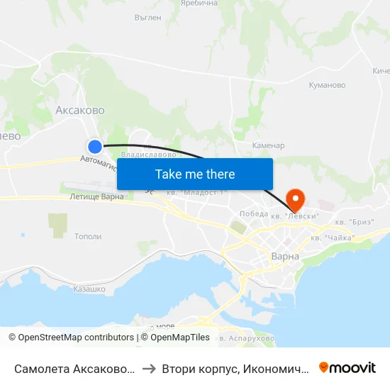 Самолета Аксаково / Samoleta Aksakovo to Втори корпус, Икономически Университет - Варна map