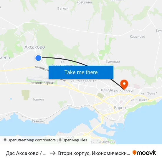 Дзс Аксаково / Dzs Aksakovo to Втори корпус, Икономически Университет - Варна map