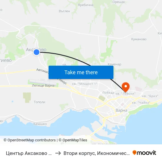 Център Аксаково / Aksakovo Center to Втори корпус, Икономически Университет - Варна map