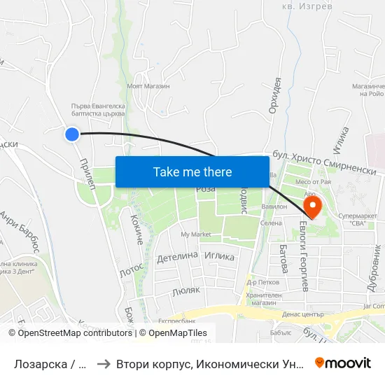 Лозарска / Lozarska to Втори корпус, Икономически Университет - Варна map