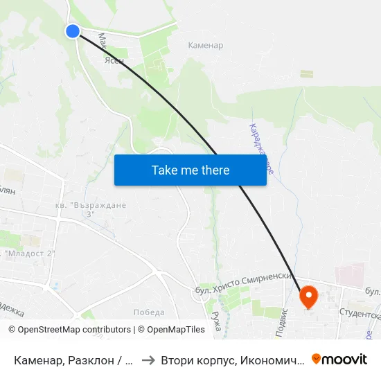 Каменар, Разклон / Fork Road For Kamenar to Втори корпус, Икономически Университет - Варна map