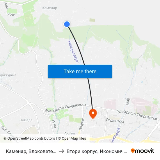 Каменар, Bлоковете / Kamenar, Blokovete to Втори корпус, Икономически Университет - Варна map