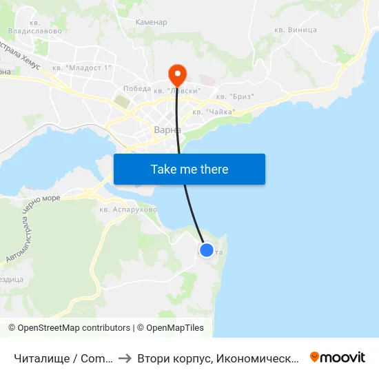 Читалище / Community Centre to Втори корпус, Икономически Университет - Варна map