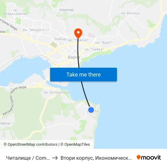 Читалище / Community Centre to Втори корпус, Икономически Университет - Варна map