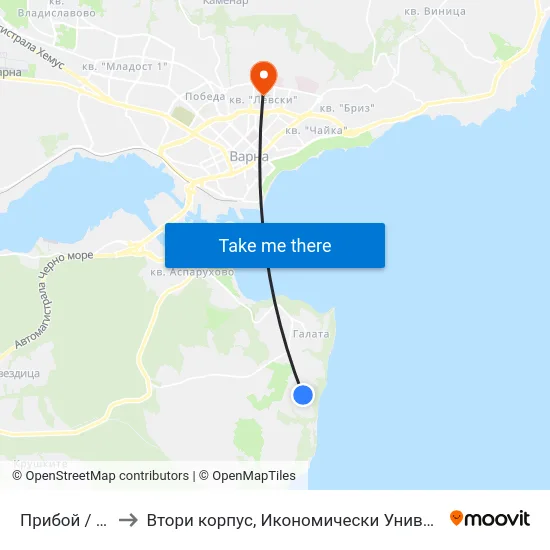 Прибой / Priboy to Втори корпус, Икономически Университет - Варна map