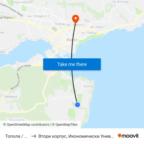 Топола / Topola to Втори корпус, Икономически Университет - Варна map