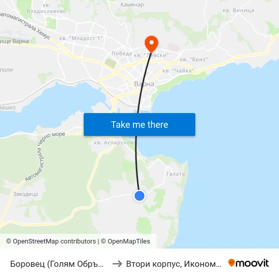 Боровец (Голям Обръщач) / Borovets (Big Tumbler) to Втори корпус, Икономически Университет - Варна map