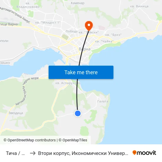 Тича / Ticha to Втори корпус, Икономически Университет - Варна map