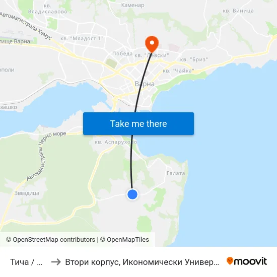 Тича / Ticha to Втори корпус, Икономически Университет - Варна map