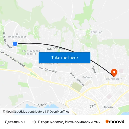 Детелина / Detelina to Втори корпус, Икономически Университет - Варна map
