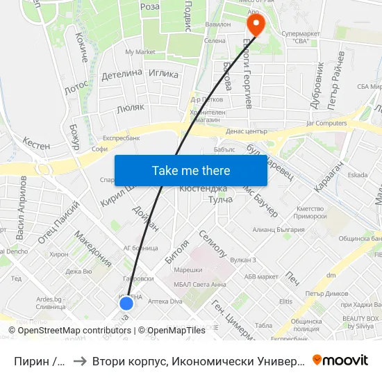 Пирин / Pirin to Втори корпус, Икономически Университет - Варна map