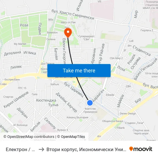 Електрон / Electron to Втори корпус, Икономически Университет - Варна map