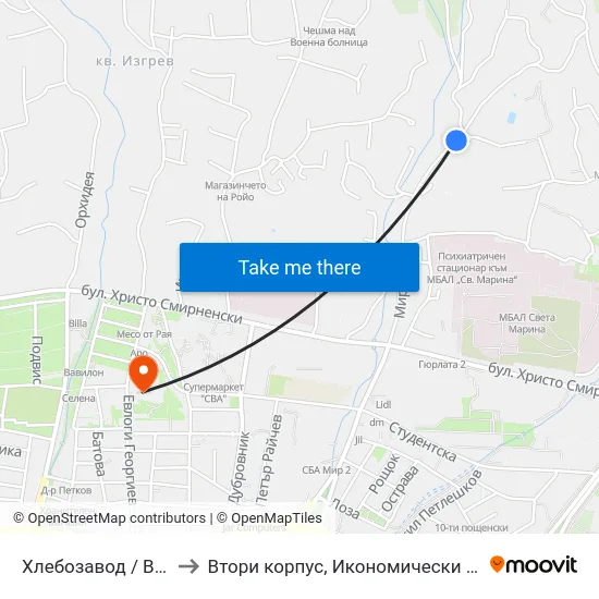 Хлебозавод / Bread Factory to Втори корпус, Икономически Университет - Варна map