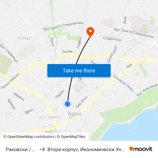 Раковски / Rakovski to Втори корпус, Икономически Университет - Варна map