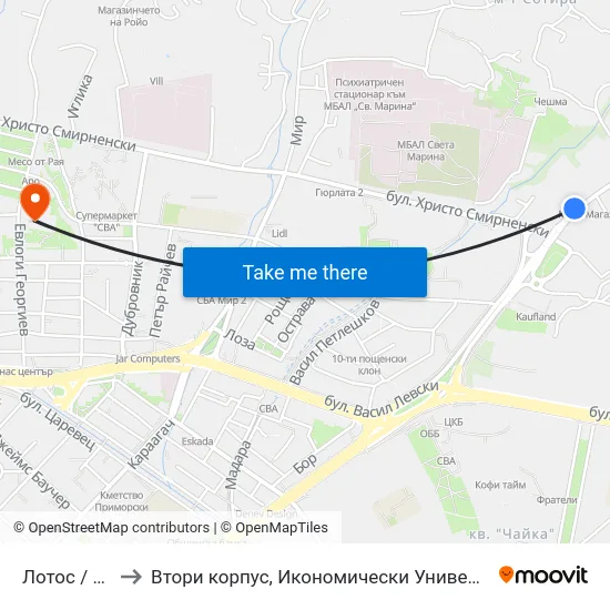 Лотос / Lotus to Втори корпус, Икономически Университет - Варна map