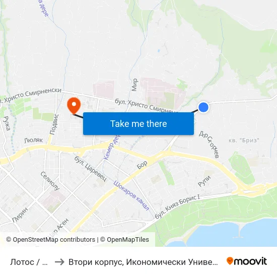 Лотос / Lotus to Втори корпус, Икономически Университет - Варна map