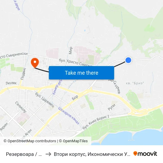Резервоара / Rezervoara to Втори корпус, Икономически Университет - Варна map