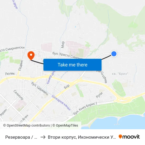Резервоара / Rezervoara to Втори корпус, Икономически Университет - Варна map